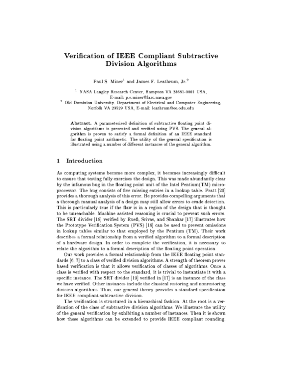 (PDF) Verification of IEEE compliant subtractive division algorithms