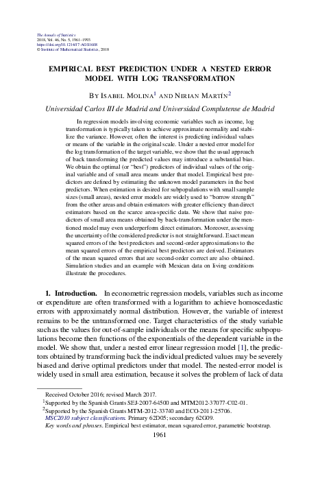 (PDF) Empirical best prediction under a nested error model with log ...