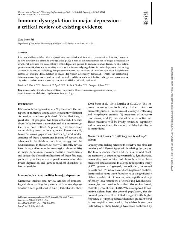 (PDF) Immune dysregulation in major depression: a critical review of ...