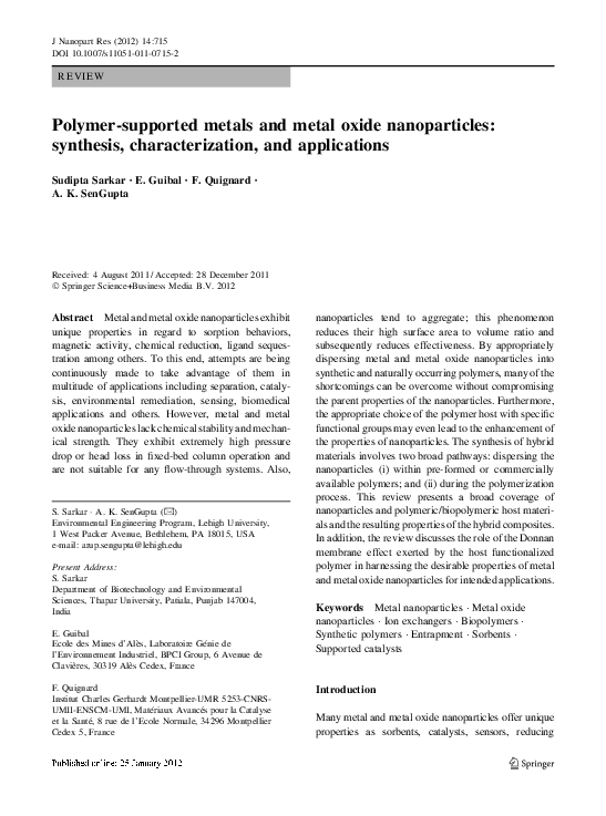 (PDF) Polymer-supported metals and metal oxide nanoparticles: synthesis ...