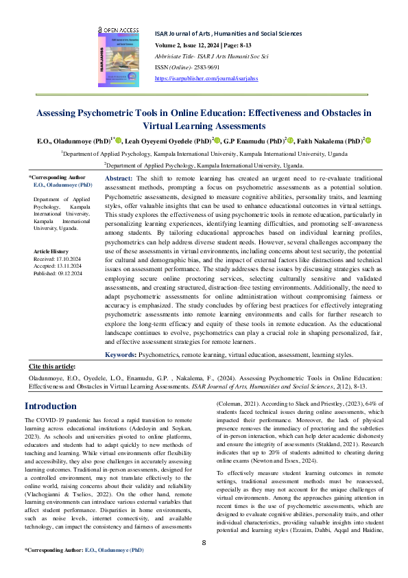 (PDF) Assessing Psychometric Tools in Online Education: Effectiveness ...
