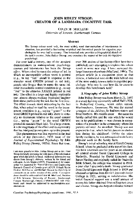 (PDF) John Ridley Stroop: Creator of a landmark cognitive task