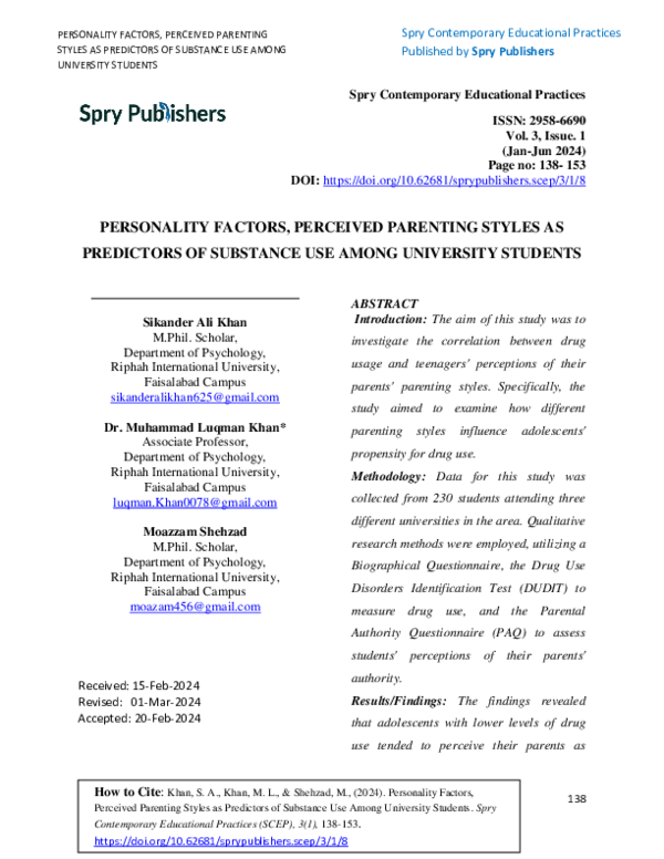(PDF) Personality Factors, Perceived Parenting Styles as Predictors of ...