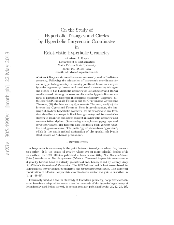 (PDF) On the Study of Hyperbolic Triangles and Circles by Hyperbolic ...