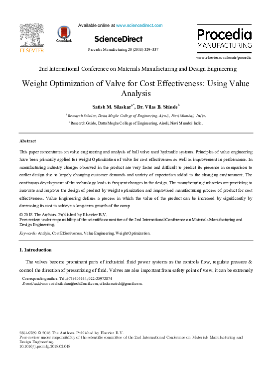 (PDF) Weight Optimization of Valve for Cost Effectiveness: Using Value ...