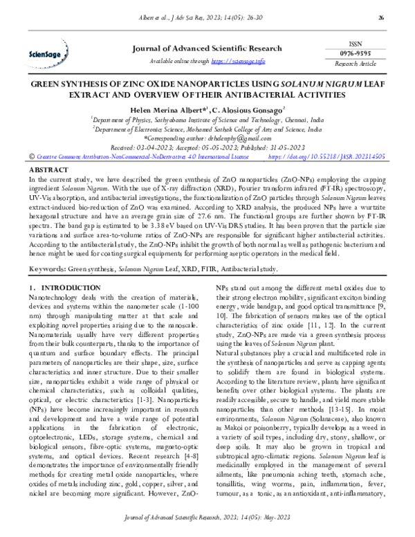 (PDF) Green Synthesis of Zinc Oxide Nanoparticles Using Solanum Nigrum ...