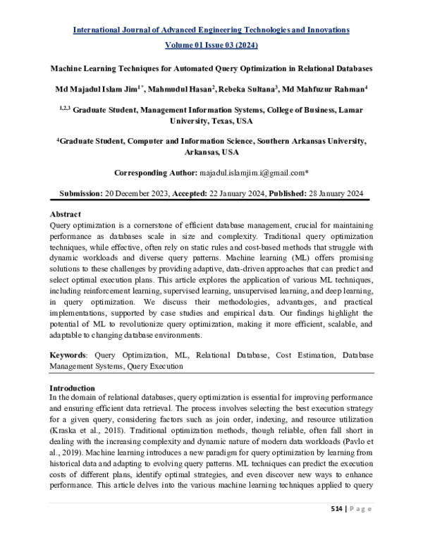 (PDF) Machine Learning Techniques for Automated Query Optimization in ...