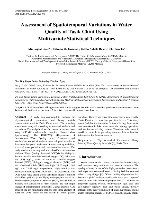 (PDF) Assessment of Spatiotemporal Variations in Water Quality of Tasik ...