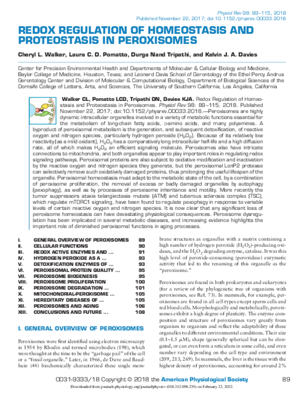 (PDF) Redox Regulation of Homeostasis and Proteostasis in Peroxisomes