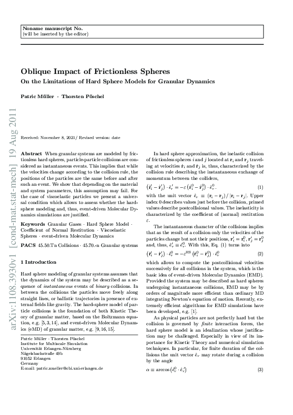 (PDF) Oblique impact of frictionless spheres: on the limitations of ...