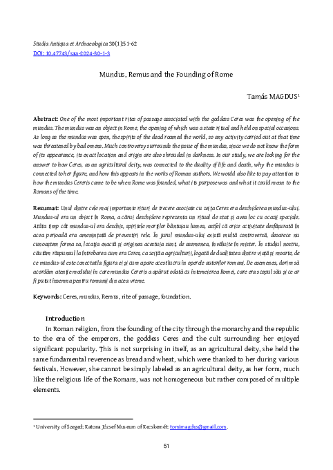 (PDF) Mundus, Remus and the Founding of Rome