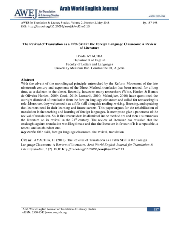 (PDF) The Revival of Translation as a Fifth Skill in the Foreign ...