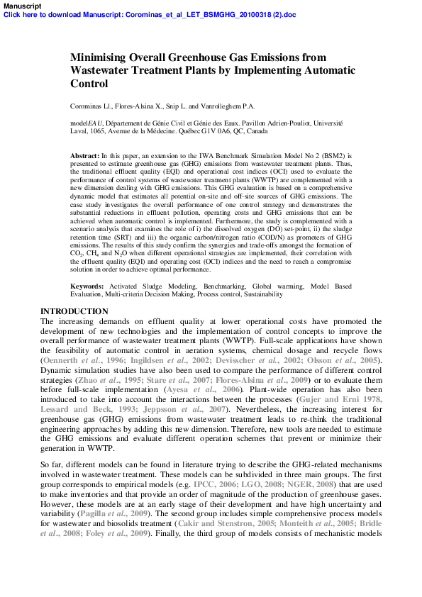 (PDF) Minimising Overall Greenhouse Gas Emissions from Wastewater ...