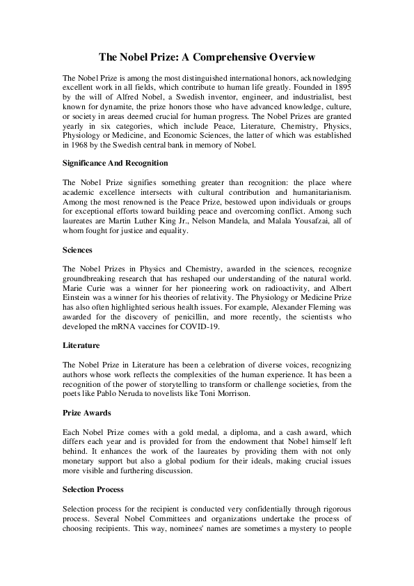 (PDF) The Nobel Prize: A Comprehensive Overview