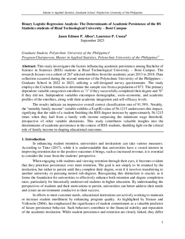 (PDF) Binary Logistic Regression Analysis: The Determinants of Academic ...