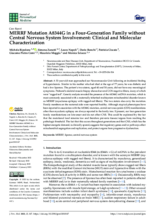 (PDF) MERRF Mutation A8344G in a Four-Generation Family without Central ...