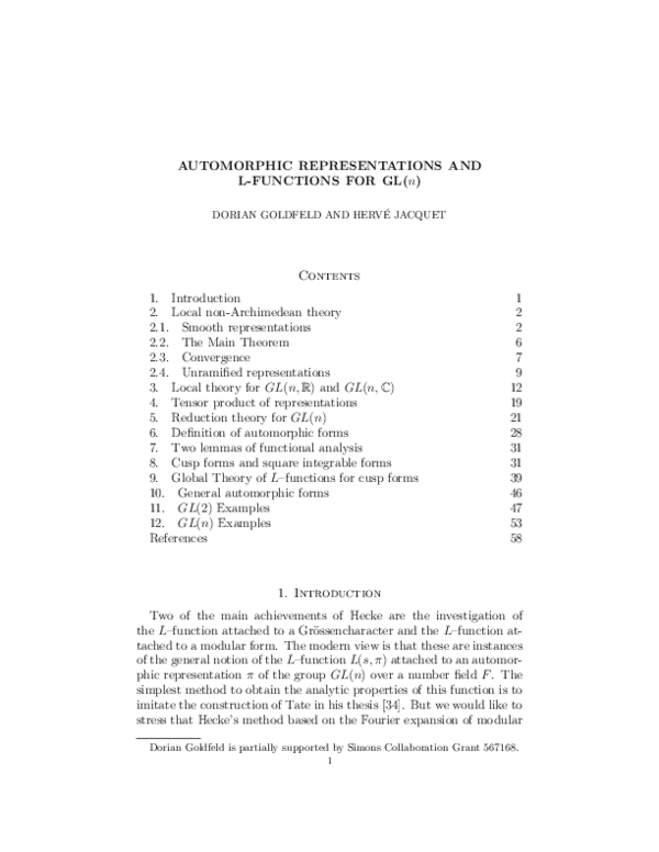 (PDF) Automorphic Representations and L-Functions for GL(n)
