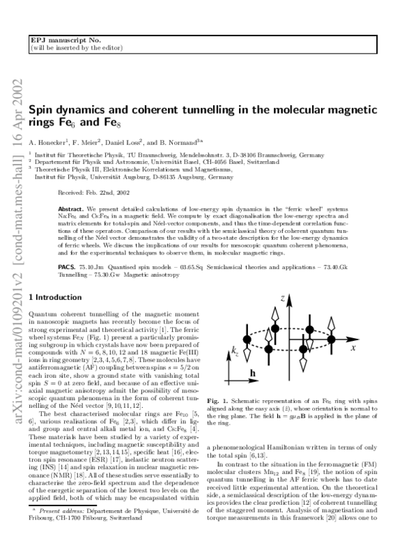 (PDF) Spin dynamics and coherent tunnelling in the molecular magnetic ...