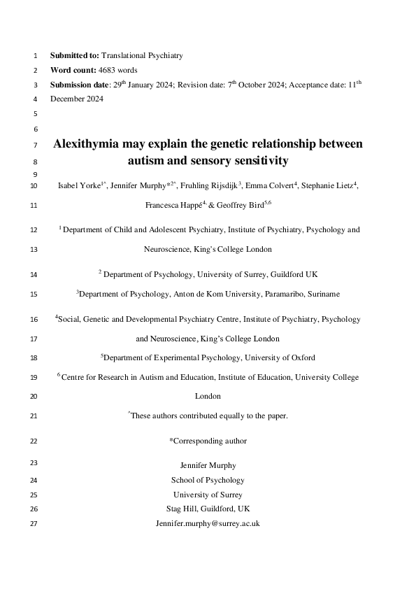 (PDF) Alexithymia may explain the genetic relationship between autism ...
