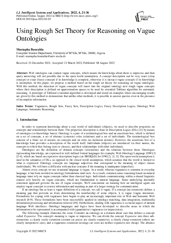 (PDF) Using Rough Set Theory for Reasoning on Vague Ontologies