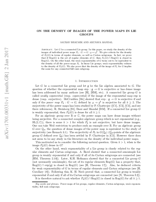 (PDF) On the density of images of the power maps in Lie groups
