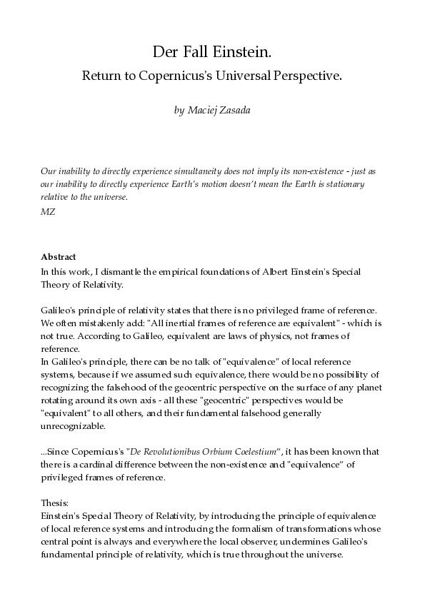 (PDF) Der Fall Einstein. Return to Copernicus's Universal Perspective
