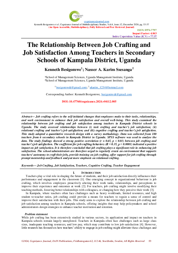 (PDF) The Relationship Between Job Crafting and Job Satisfaction Among ...
