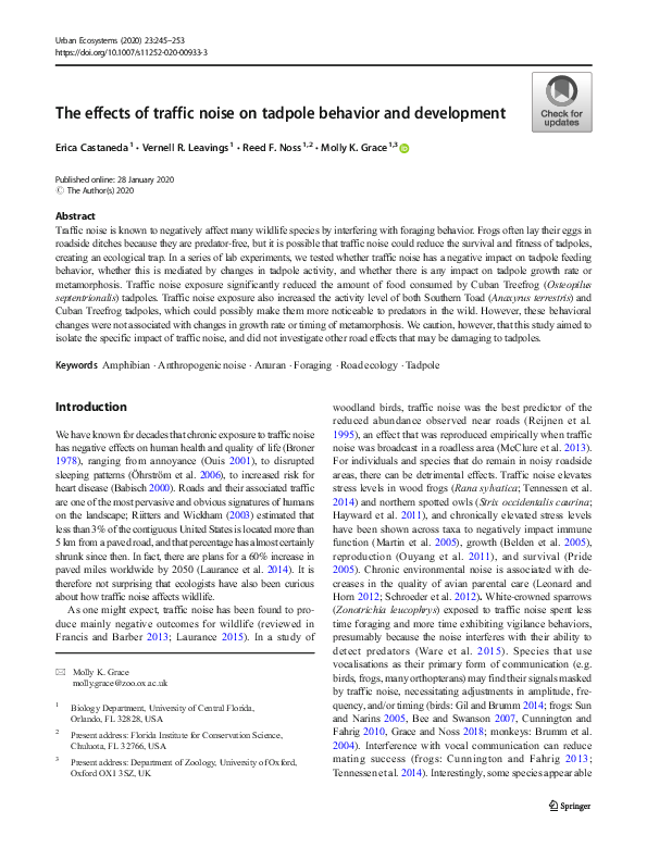 (PDF) The effects of traffic noise on tadpole behavior and development