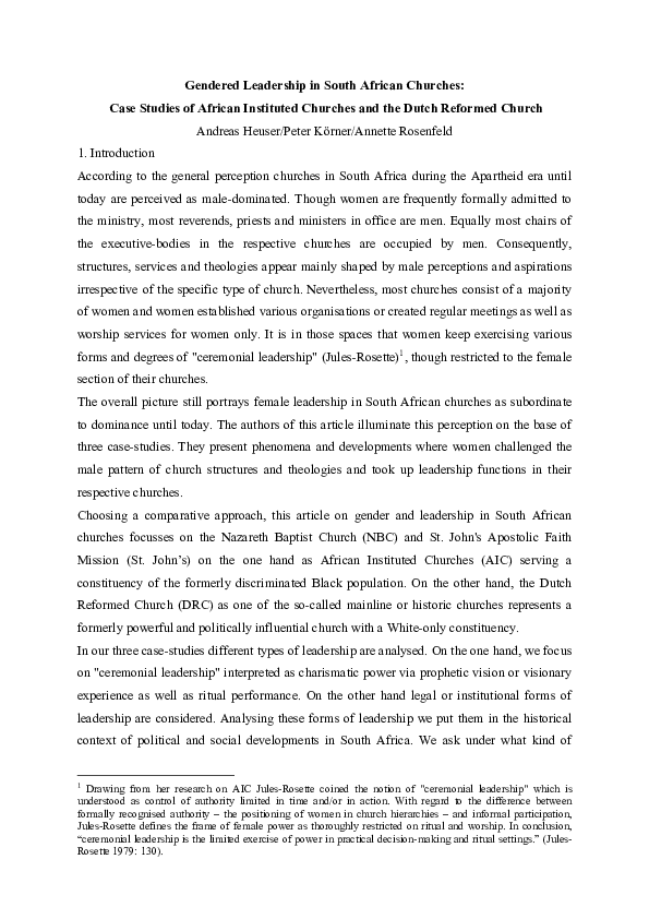 (PDF) Gendered Leadership in South African Churches: Case Studies of ...