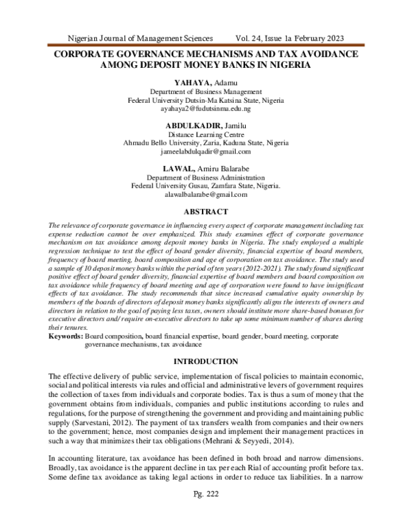 (PDF) CORPORATE GOVERNANCE MECHANISMS AND TAX AVOIDANCE AMONG DEPOSIT ...