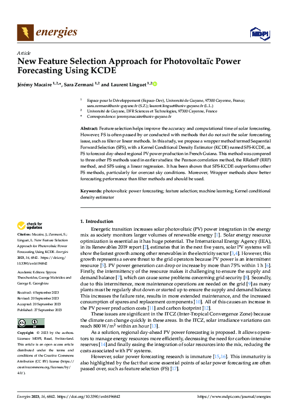 (PDF) New Feature Selection Approach for Photovoltaïc Power Forecasting ...