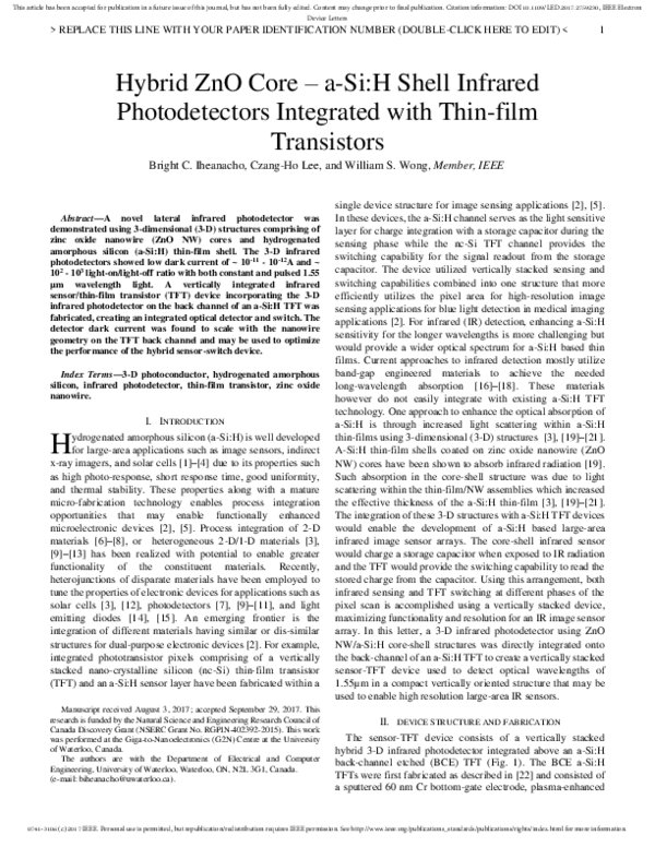 (PDF) Hybrid ZnO Core–a-Si:H Shell Infrared Photodetectors Integrated ...