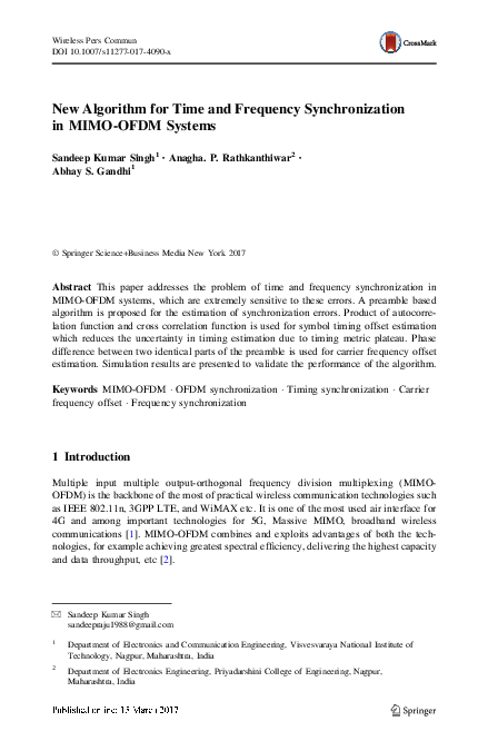 (PDF) New Algorithm for Time and Frequency Synchronization in MIMO-OFDM ...