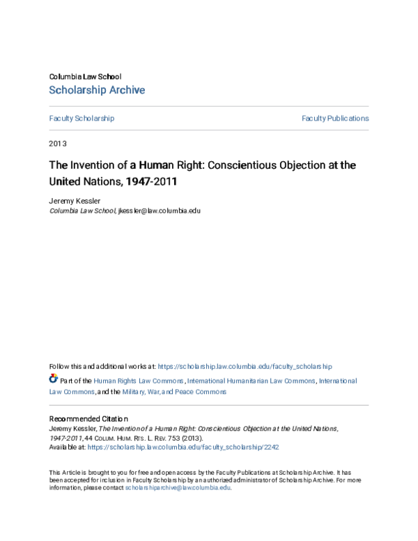 (PDF) The Invention of a Human Right: Conscientious Objection at the ...