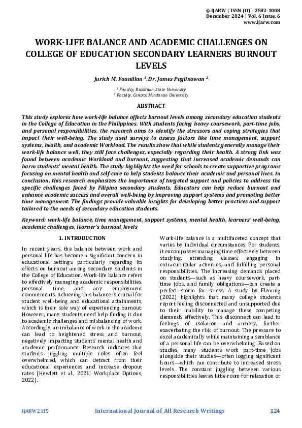 (PDF) WORK-LIFE BALANCE AND ACADEMIC CHALLENGES ON COLLEGE OF EDUCATION ...