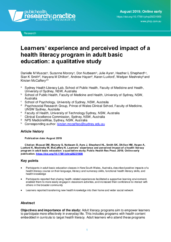 (PDF) Learners’ experience and perceived impact of a health literacy ...