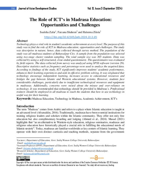 (PDF) The Role of ICT's in Madrasa Education: Opportunities and Challenges