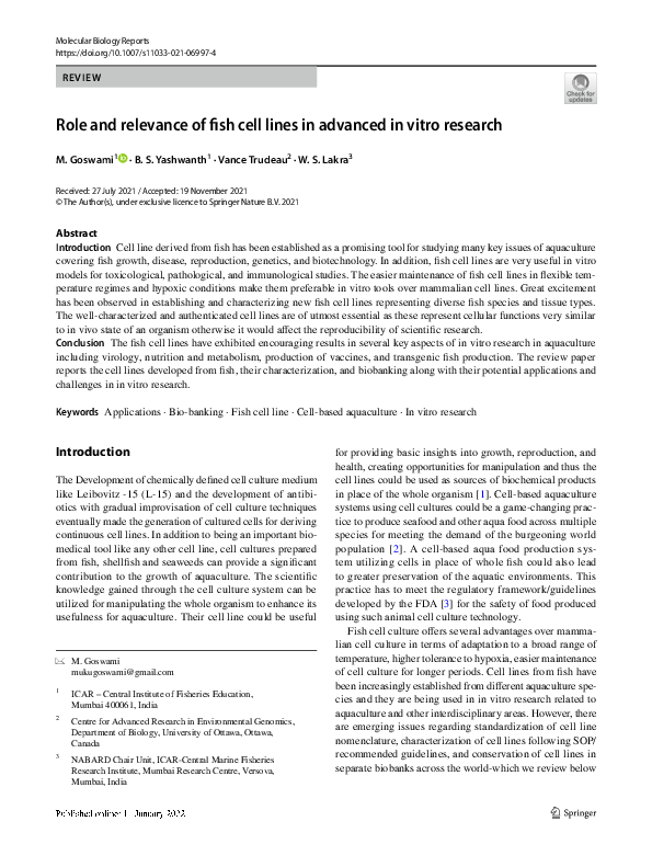 (PDF) Role and relevance of fish cell lines in advanced in vitro research