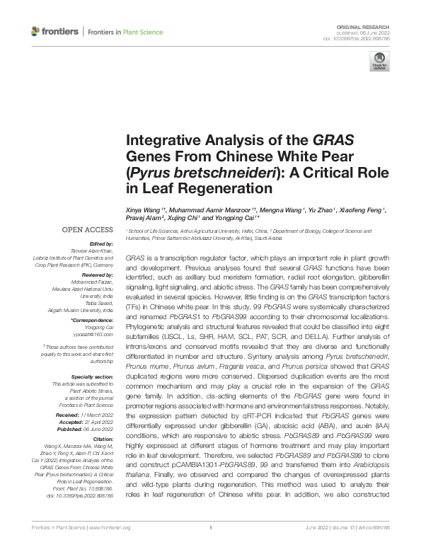 (PDF) Integrative Analysis of the GRAS Genes From Chinese White Pear ...