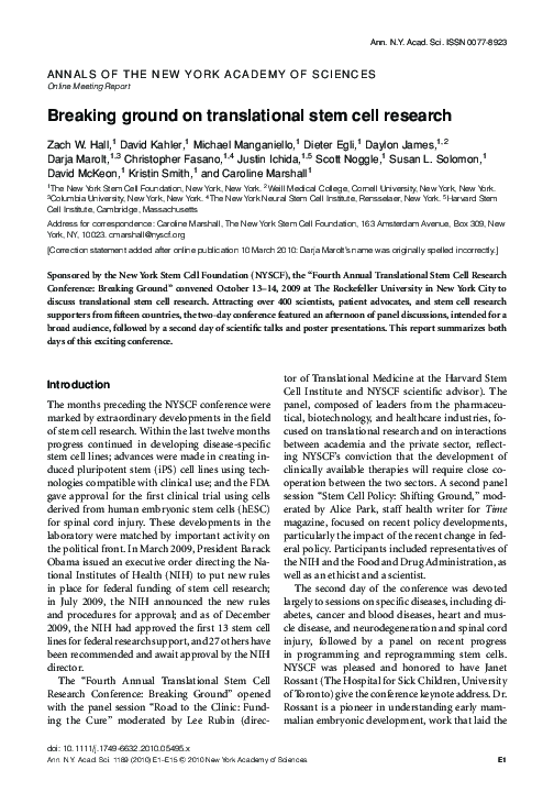 (PDF) Breaking ground on translational stem cell research