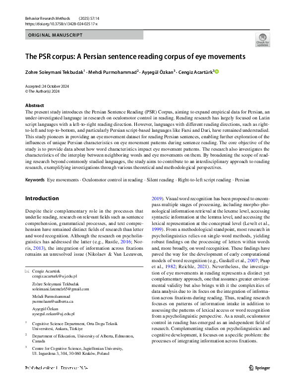 (PDF) The PSR corpus: A Persian sentence reading corpus of eye movements