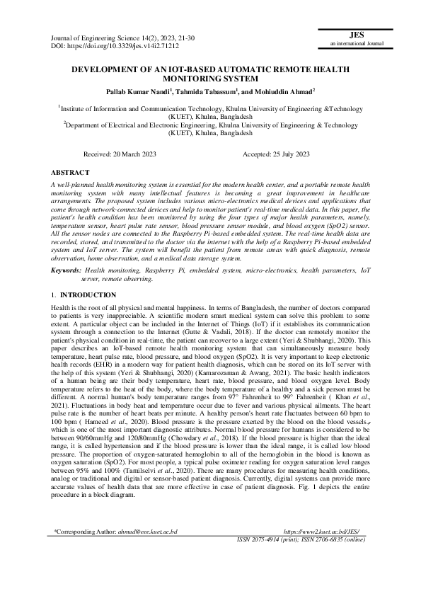 (PDF) Development of an IoT-Based Automatic Remote Health Monitoring System