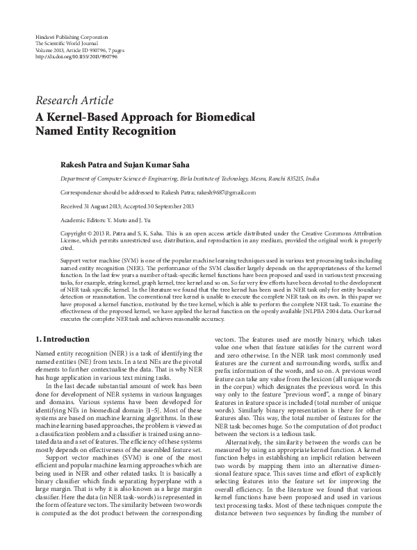 (PDF) A Kernel-Based Approach for Biomedical Named Entity Recognition