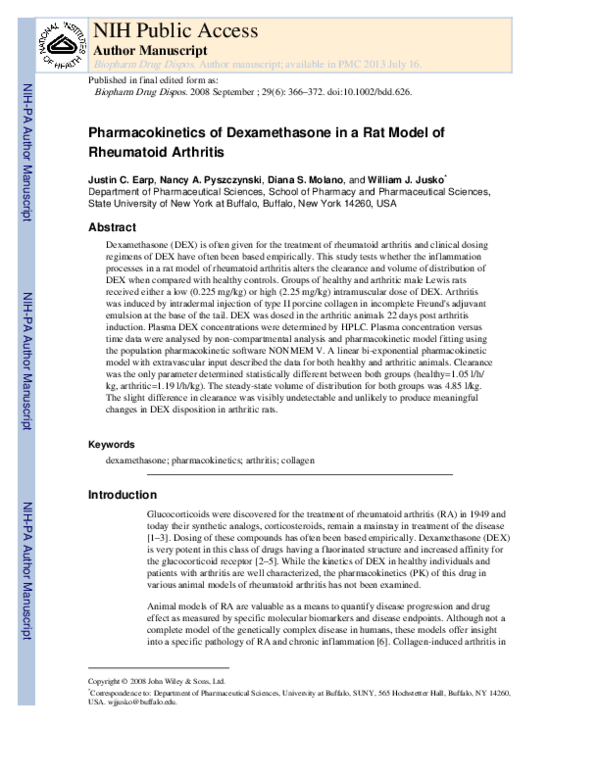 (PDF) Pharmacokinetics of dexamethasone in a rat model of rheumatoid ...