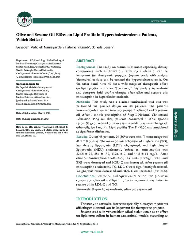 (PDF) Olive and sesame oil effect on lipid profile in ...