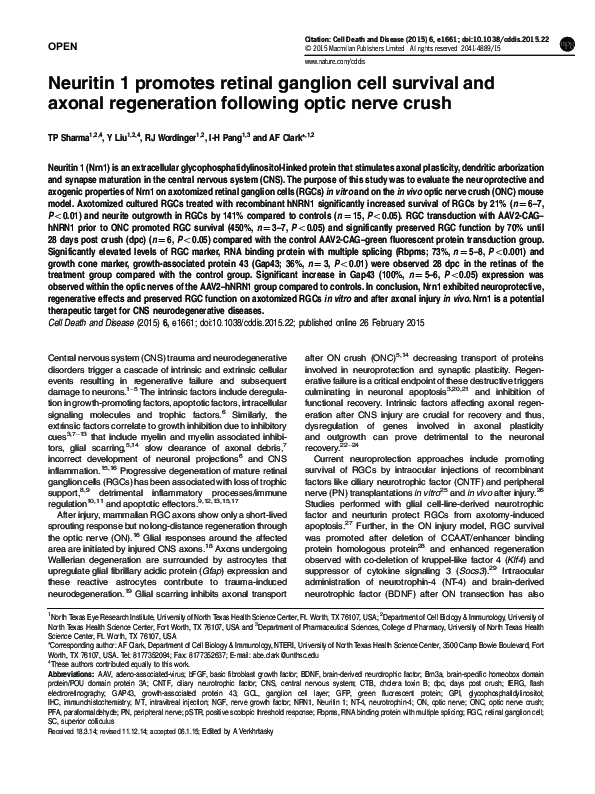 (PDF) Neuritin 1 promotes retinal ganglion cell survival and axonal ...