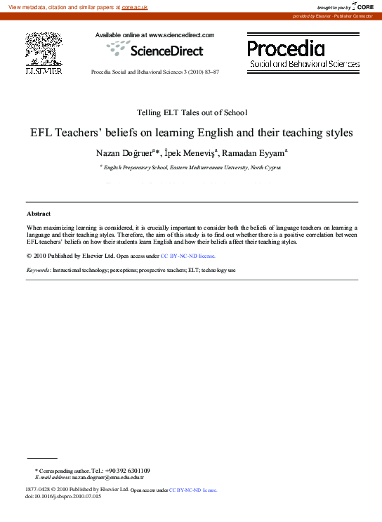 (PDF) EFL Teachers’ beliefs on learning English and their teaching styles