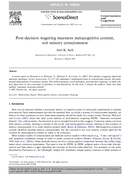 (PDF) Post-decision wagering measures metacognitive content, not ...