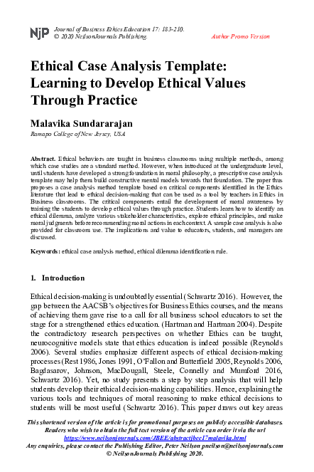 (PDF) Ethical Case Analysis Template: Learning to Develop Ethical ...