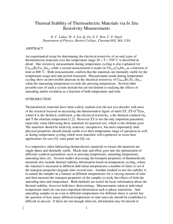 (PDF) Thermal stability of thermoelectric materials via in situ ...